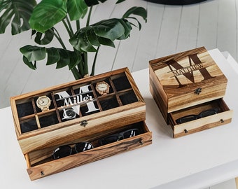 Boîte à montres en bois personnalisée - Étui de rangement pour montres pour hommes avec présentoir en verre - Grande boîte à montres pour 12 montres - Cadeau d'anniversaire pour lui