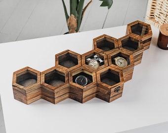 Boîte de rangement en bois pour montres pour homme - Cadeau gravé personnalisé - Boîte de rangement en bois personnalisée - Boîte à montres pour homme - Boîte à montres nid d'abeille