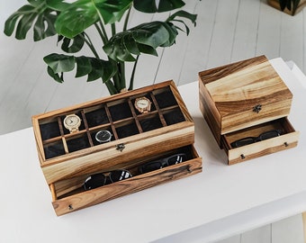 Personalized Wood Watch Box with Glass Display Case - Wooden Watch Case for Men with Drawer