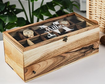 Timepiece organizer, Wooden watch box, Drawer watch storage, Wooden watch holder, Personalized watch box, Wooden watch organizer