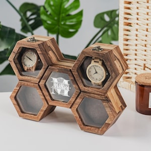 Scatola porta orologi fatta a mano, porta orologi artigianale personalizzato, scatola porta orologi in legno, organizer compatto per orologi con coperchio in vetro, porta orologi