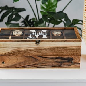 Luxe horlogedoos, horlogeopberger met glazen deksel, vintage houten horlogedoos, horlogekast, horlogedoos met meerdere vakken