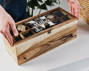 Wooden watch box with drawer, Personalized watch organizer with lid, Large wooden watch box, Handmade watch storage with lid