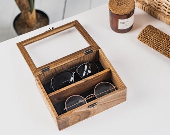 Handcrafted Wood Glasses Case - Stylish Sunglasses Storage, Customizable Box with Wood or Glass Lid Option