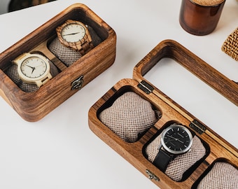 Watch Box for Men - Personalized Custom Engraved Gift - Wooden Watch Organizer - Optional Glass or Wood lid engraving