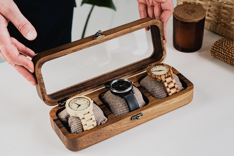 Wooden Watch Box Handcrafted Storage Walnut Watch Storage Box Luxury Design Modern Wood Watch Boxes Custom Engraving image 9