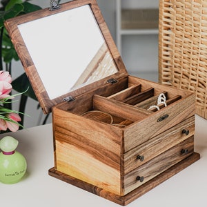 Jewelry Box with drawers, Wooden Jewelry Box Women, Jewelry Organizer for Rings, Earrings & Necklace Storage with Pull-Out Drawer image 7