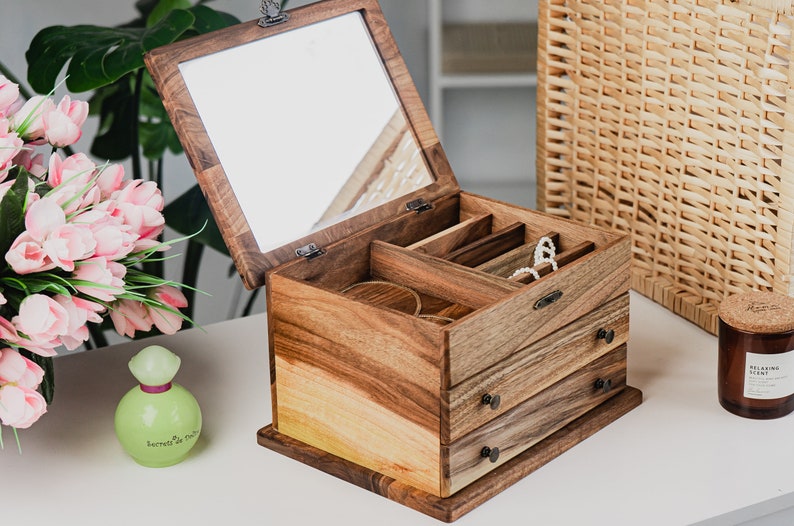 Jewelry Box with drawers, Wooden Jewelry Box Women, Jewelry Organizer for Rings, Earrings & Necklace Storage with Pull-Out Drawer image 7