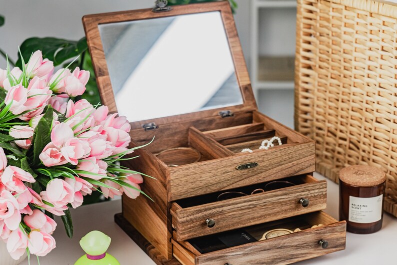 Jewelry Box with drawers, Wooden Jewelry Box Women, Jewelry Organizer for Rings, Earrings & Necklace Storage with Pull-Out Drawer image 1