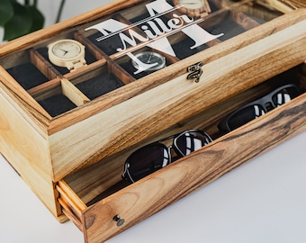 Étui à montres pour hommes - organisateur de montres, boîte à montres en bois, boîte à montres pour hommes gravée, tiroir de boîte en bois personnalisé, boîte à montres pour homme en bois