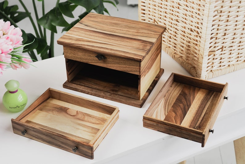 Jewelry Box with drawers, Wooden Jewelry Box Women, Jewelry Organizer for Rings, Earrings & Necklace Storage with Pull-Out Drawer image 9