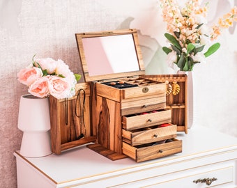 Cosmetische en sieraden organizer, Lade sieradendoos, Houten sieradenopslag, Make-up organizer met lade, Gepersonaliseerde sieradendoos