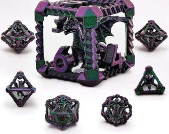 Metal Hollow Dragon Dice Set for DnD, RPG Gaming - Available in 6 Colours - Unique Dungeons and Dragons Dice, Table top Gaming Accessories