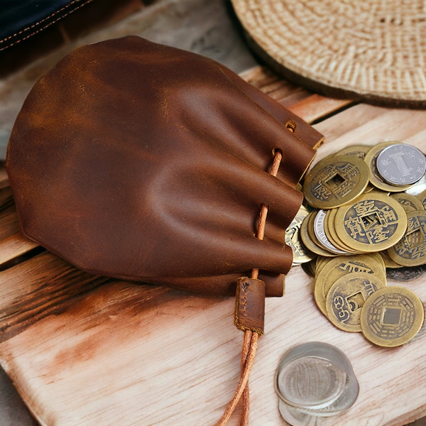 Leather Drawstring Coin Pouch, Money Pouch, Coin Purse, Dice Bag, Wrist Pouch, Leather Pouch Gift for Him Gift For Her