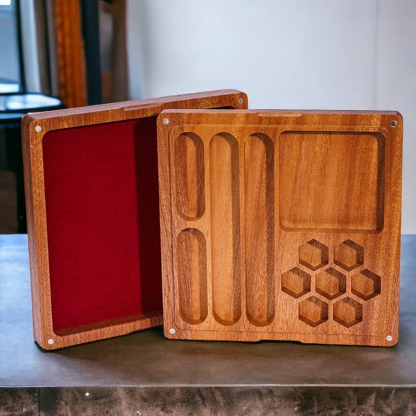 Boîte de rangement pour dés en bois - Plateau à dés D&D - Accessoire RPG de table - Porte-dés en bois massif - Cadeau de jeu unique - Organisateur de jeu de rôle