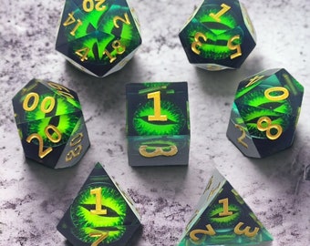 Dragon Eye Core Polyhedral Dice Set - Green Mystical Swirl - Dungeons and Dragons DnD RPG Roleplaying - Enchanted Gold Accents