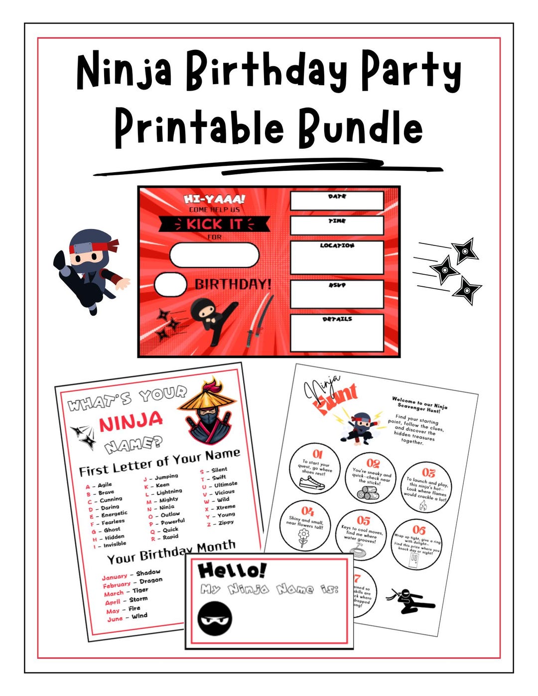 Ninja Birthday Party Printable Bundle-editable Ninja Name Activity ...