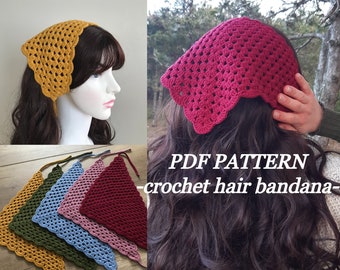 crochet triangle hair bandana pattern, hair scarf pdf pattern, easy crochet bandana pattern, pattern for begginers, cotton yarn pattern