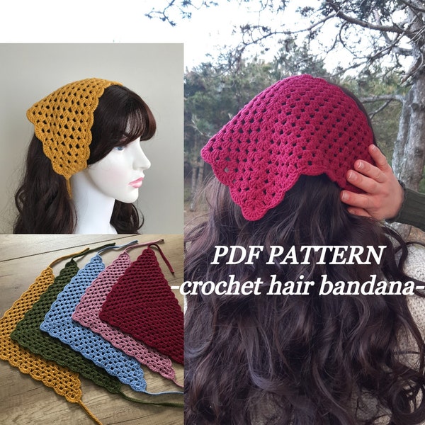 crochet triangle hair bandana pattern, hair scarf pdf pattern, easy crochet bandana pattern, pattern for begginers, cotton yarn pattern