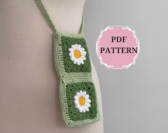 daisy phone bag pattern, crochet daisy phone carrier pattern, crochet crossbody phone purse pattern pdf, daisy mini phone bag pattern easy