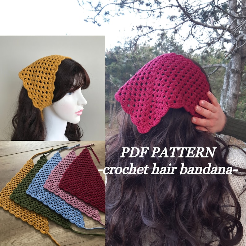 crochet triangle hair bandana pattern, hair scarf pdf pattern, easy crochet bandana pattern, pattern for begginers, cotton yarn pattern image 1