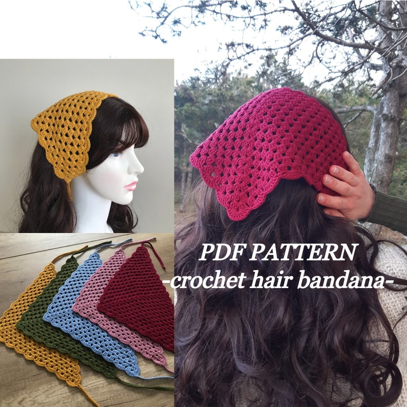May include: PDF pattern for crocheting a hair bandana. The pattern includes instructions for making a bandana in five different colours: mustard yellow, olive green, light blue, dusty rose, and burgundy.