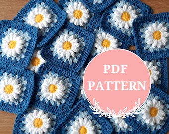 3D daisy granny square pattern, crochet daisy motif pattern, flower granny square pattern, begginer friendly crochet pattern