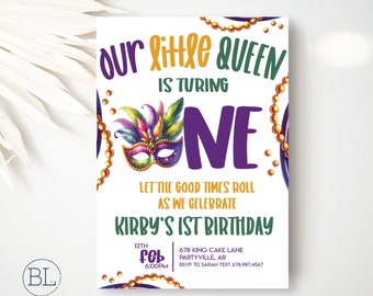 Mardi Gras First Birthday Invitation, Our Little Queen is Turning One Mardi Gras 1st Birthday, Girl Masquerade Birthday Invite Printable
