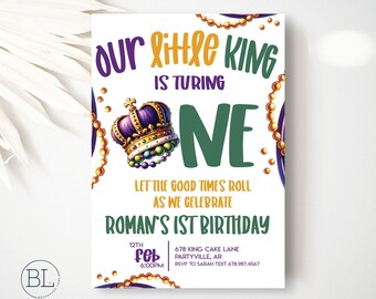 Mardi Gras KING First Birthday Invitation, Our Little King is Turning One Mardi Gras 1st Birthday, Boy Masquerade Birthday Invite Printable