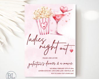 Galentines Ladies Night Out Invite, Valentines Day Dinner and Movie Invitation, Valentines Day Girls Night Editable Digital Printable Invite