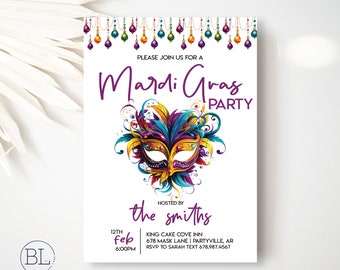 Mardi Gras Party Invite, Masquerade Party Mardi Gras Celebration Invitation Mardi Gras Birthday Bachelorette Party Editable Printable Invite