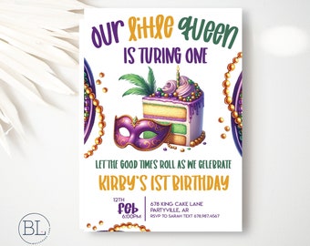 GIRL Mardi Gras First Birthday Invitation, Our Little Queen is Turning One, Mardi Gras Queen 1st Birthday,  Masquerade Birthday Printable