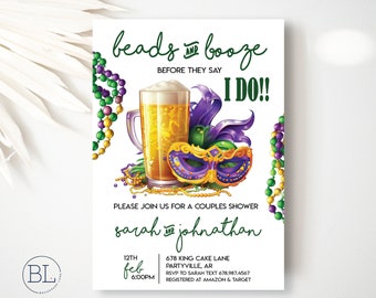 Couples Shower Mardi Gras Beads and Booze Invite, Beads and Brews Before I do Mardi Gras Couple Invitation Couple Engagement Party Printable