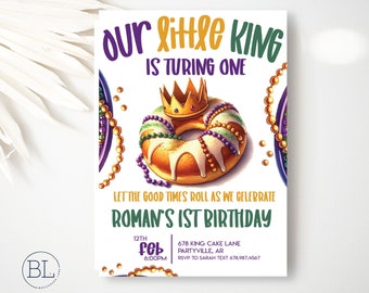 Boy Mardi Gras First Birthday Invitation, Our Little King is Turning One Mardi Gras 1st Birthday, King Cake Boy Birthday Invite Printable