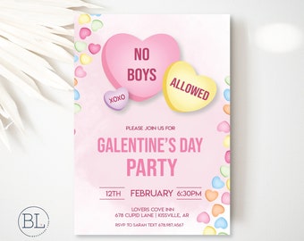 Galentines Day Party Invitation, Valentines Day Party Invite, No Boys Allowed Valentine Conversation Candy Editable Digital Printable Invite