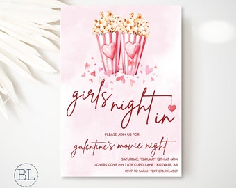 Galentines Movie Night Invite, Girls Night In Valentines Day Movie Night Invitation Valentines Girls Night Editable Digital Printable Invite