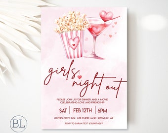 Galentines Girls Night Out Invite, Dinner and Movie Valentines Day Invitation, Valentines Day Girls Night Editable Digital Printable Invite