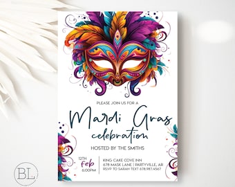 Mardi Gras Party Invitation, Mardi Gras Celebration Invite Masquerade Party Mardi Gras Birthday Bachelorette Party Editable Printable Invite