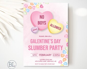 Galentines SLUMBER PARTY Invite, Girls Night In Conversation Candy Valentines Day Sleepover Invitation Valentines Editable Digital Invite