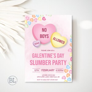 Invitation à une soirée pyjama Galentines, soirée entre filles en conversation, Invitation soirée pyjama avec bonbons Saint-Valentin, invitation numérique modifiable pour la Saint-Valentin