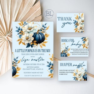 Boy Floral Pumpkin Baby Shower Invite | Blue Floral Pumpkin Invitation | Boy Pumpkin Baby Shower | A Little Pumpkin Is On Way Baby Shower