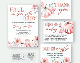 Pumpkin Fall Baby Shower Invitation | Fall In Love with Baby Shower | Editable Shower Neutral Fall Printable Invite | Pumpkin Baby Shower