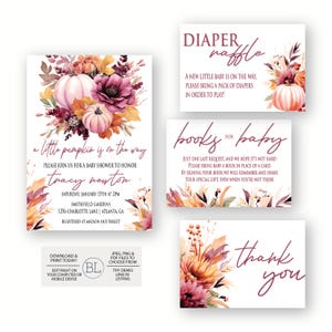 Herfst bloemen A Little Pumpkin Fall babyshower uitnodiging, roze pompoen meisje herfst babyshower afdrukbare uitnodiging sjabloon, herfstfeest meisje