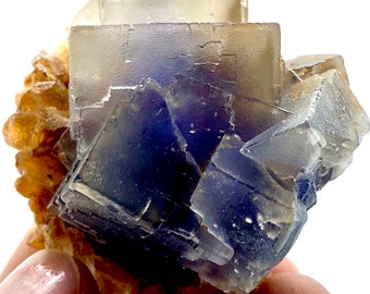 110: Gram Extremely Rarest Phantom Cubic Blue Fluorite With Calcite Specimen From Pakistan