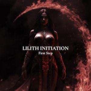 Peut inclure: Illustration numérique d'une femme en robe rouge foncé ornée de détails complexes, devant un fond enflammé. Le texte "LILITH INITIATION First Step" est affiché.