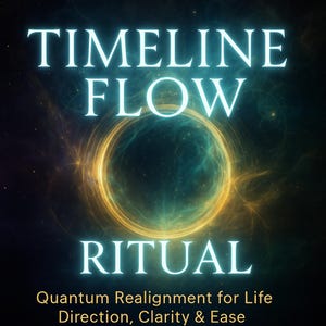 Pode incluir: Gráfico digital com as palavras "TIMELINE FLOW RITUAL" em texto branco brilhante. Um design circular amarelo dourado e verde-azulado está no centro. O texto abaixo diz "Quantum Realignment for Life Direction, Clarity & Ease."