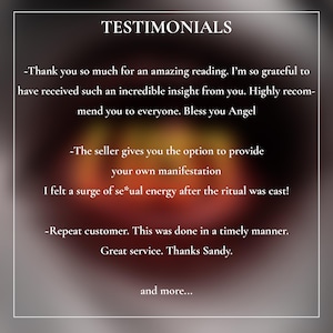 May include: A graphic with the word "TESTIMONIALS" at the top, followed by customer reviews. The reviews are in a white font on a dark background, with phrases like "amazing reading" and "great service."