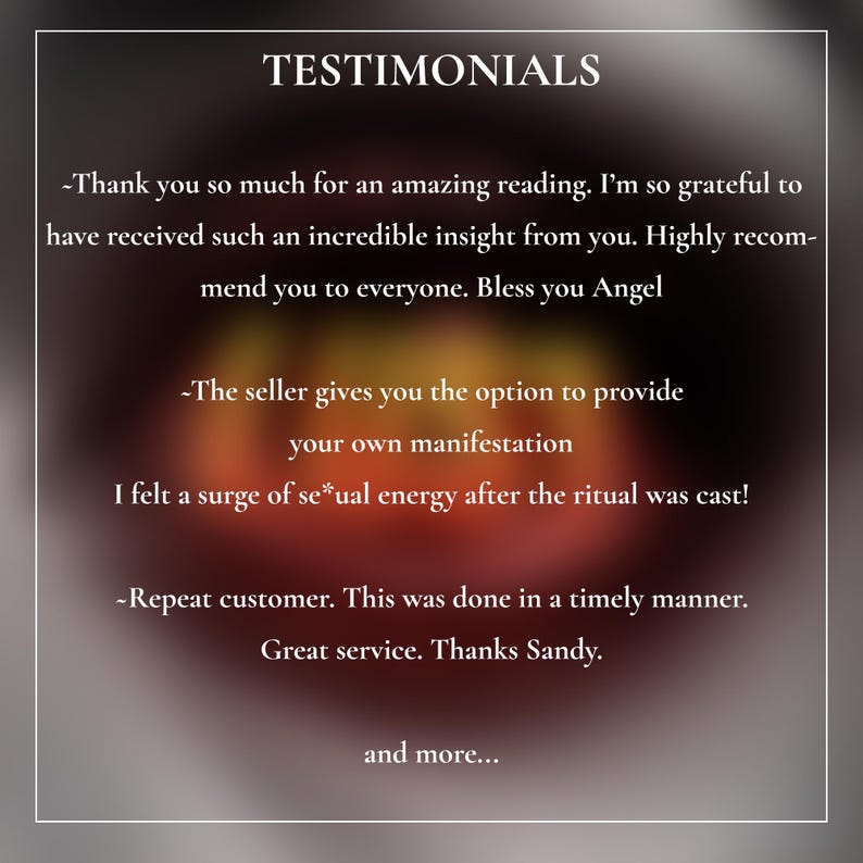 May include: A graphic with the word "TESTIMONIALS" at the top, followed by customer reviews. The reviews are in a white font on a dark background, with phrases like "amazing reading" and "great service."