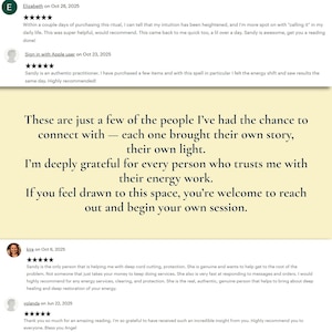 May include: A webpage featuring customer testimonials and a message about energy work. The text includes phrases like "their own light" and "energy work." Customer reviews are displayed with dates and star ratings. The overall design is clean with a cream-colored background.