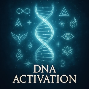 Puede incluir: Una doble hélice de ADN azul brillante con varios símbolos que la rodean, incluyendo una estrella, un símbolo de infinito, un triángulo, una luna creciente, una flor de loto, una serpiente, un ojo, una llama y un símbolo alado. El texto "DNA ACTIVATION" está debajo de la hélice.